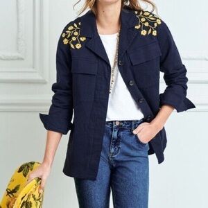 Boden Womens Ruby Embroidered Utility Jacket 8r Navy Blue Long Sleeve